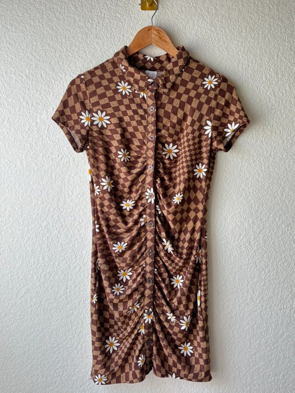 Women's Brown Daisy Checkered Collared Ruched Dress Y2K Style | Size M